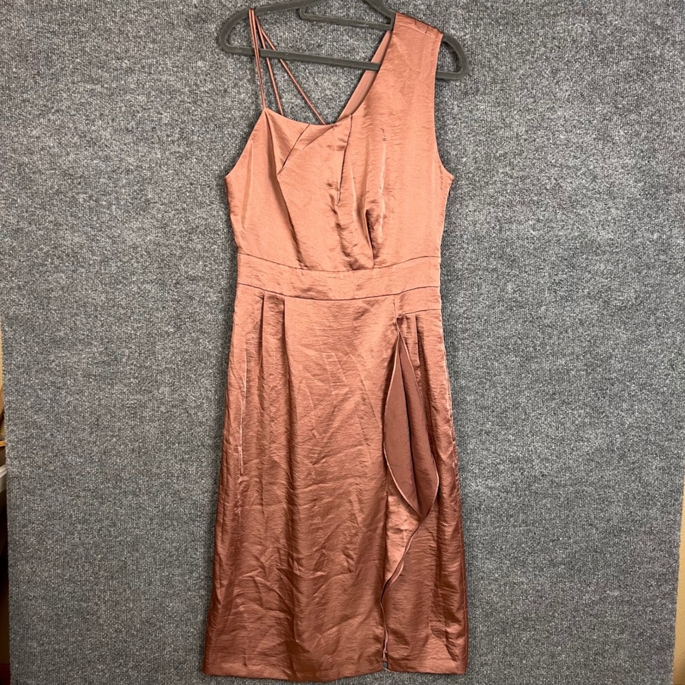 Reiss One Shoulder Dress Womens 8 Rose Gold Excellent Satin Wrap Sheath
